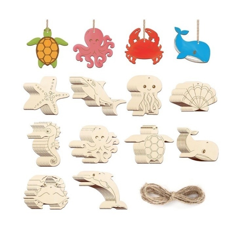 80 Pieces Unfinished Wood Cutouts 10 Styles DIY Wooden Ocean Sea Animal Craft